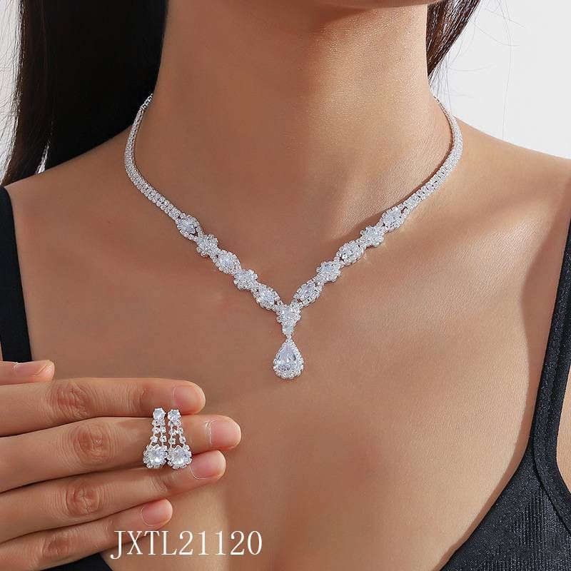 Women's Jewelry Sets Earring and Necklace Set with Rhinestone Zircon Collarbone Chain, Retro and Simple Dress Bride's Jewelry _voghion.com