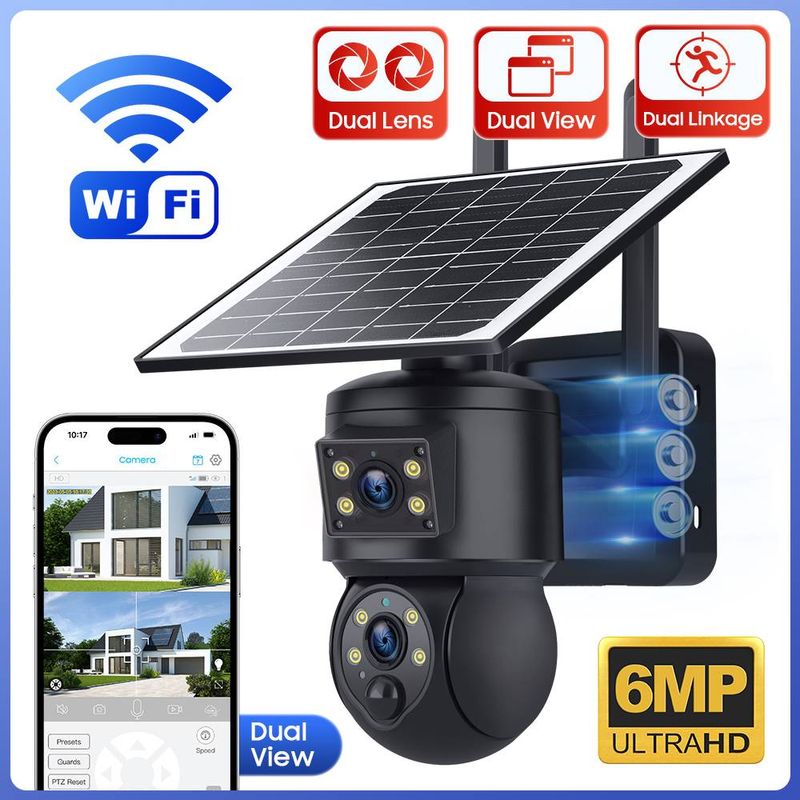 Solcellsövervakningskamera för utomhusbruk HD 6MP Pixelövervakning WiFi Vattentät Fullfärg Nattseende IP CCTV Tvåvägs ljudintercom PTZ Rörelsedetektering_voghion.com