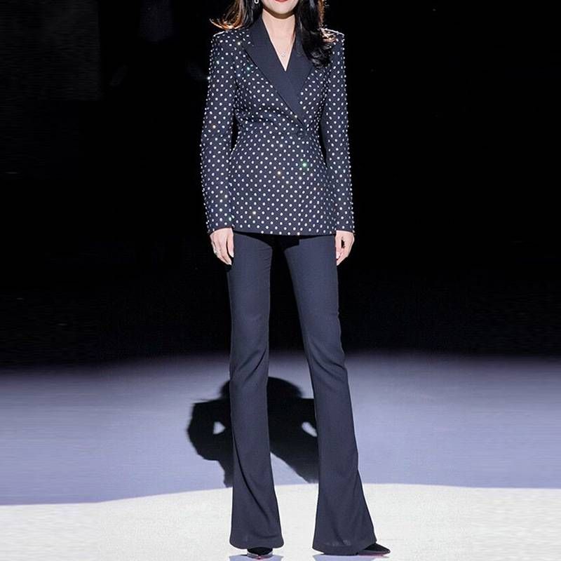 Glam Rhinestone Blazer & Flare Pants Set – Tailored Fit, Cotton Blend, Office-to-Party Versatility (Black, S Size, Fall 2025 Collection)_voghion.com
