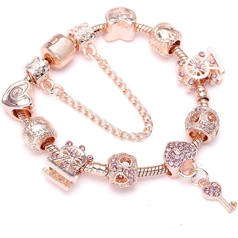 Charm Bracelets Classic Rose Gold Dia Heart Key Beaded Pendant Bracelet_voghion.com