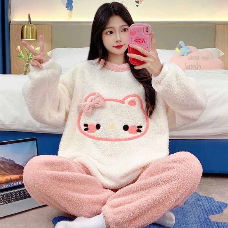 Autumn winter flannel pajamas, women's round neck coral fleece cute and thickened two-piece home suit cartoon_voghion.com