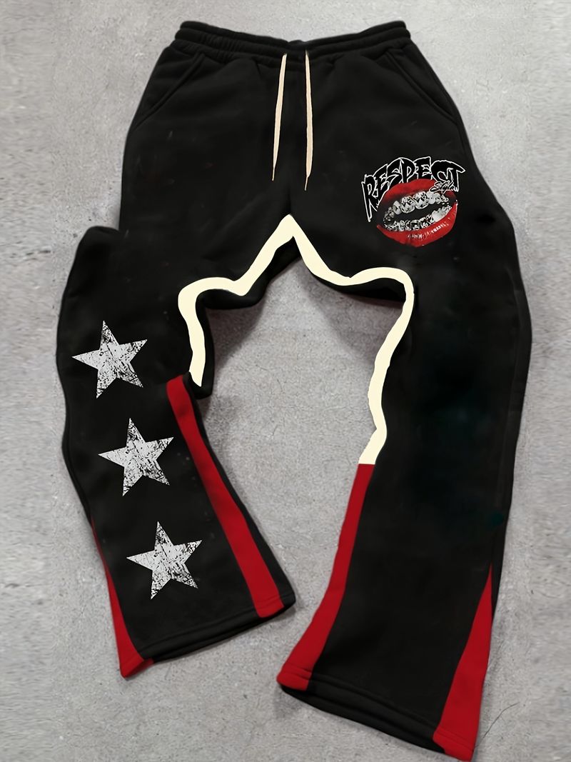 Men's Clothing Fashion Five Pointed Star Red Lips Casual Fashion Slightly Elastic Fabric Flared Pants All Match_voghion.com