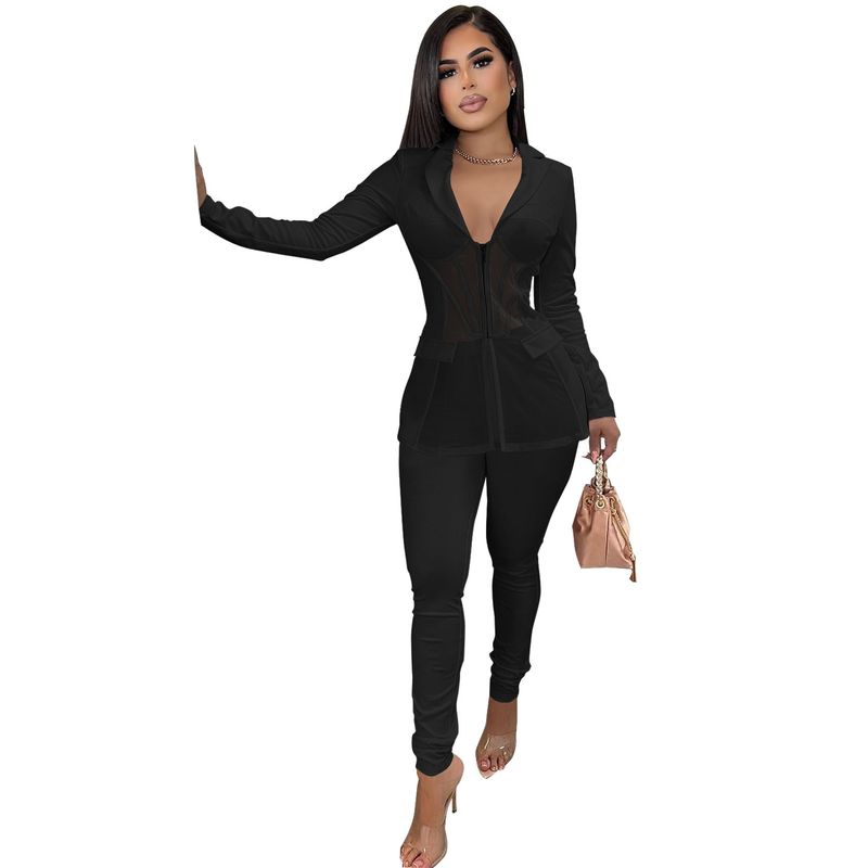 Completo blazer con inserti in rete da donna - Completo due pezzi sexy con top imbottito, vestibilità attillata per ufficio e feste (nero/rosa/azzurro, dalla S alla XXL)_voghion.com
