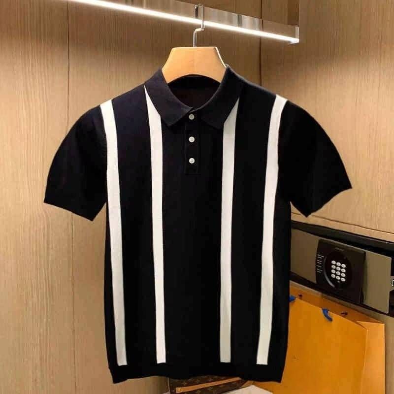 Men's Clothing Summer New Short Sleeved Sweater Men's Vertical Striped Ice Silk Business Shirt_voghion.com