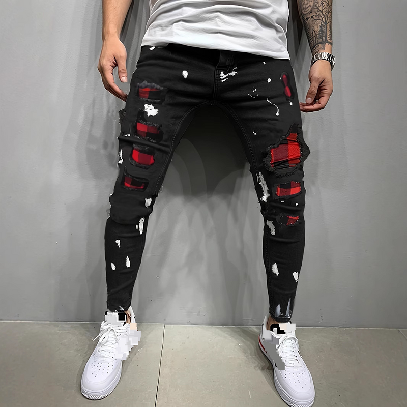 Pantalon slim déchiré pour homme, nouveau jean à patchs de peinture pour homme_voghion.com