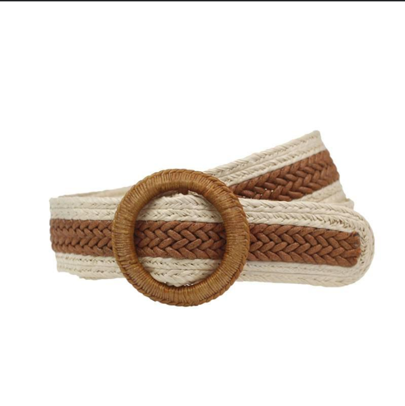 Cinturón elástico trenzado para mujer, con hebilla redonda y cinturón de vestir._voghion.com
