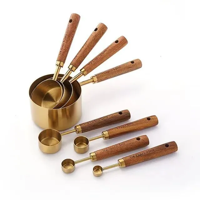 Gold-Plated Stainless Steel Measuring Cups And Spoons With Rosewood Handles, Eight-Piece Set Of Kitchen Baking Tools_voghion.com