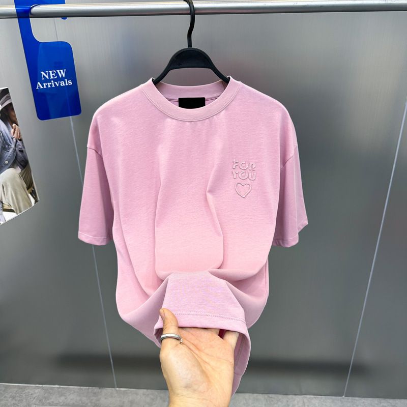 Herreklær Mote T-skjorte med broderi og kjærlighet Trendy merkevare-T-skjorte med løs kort erme, lett senkede skuldre, trendy herre-T-skjorte BWCNE1395_voghion.com