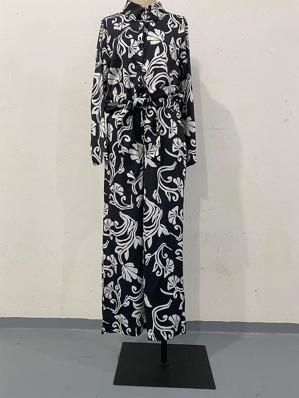Women's Clothing  digital printing long sleeved ribbon top and trousers two piece set_voghion.com