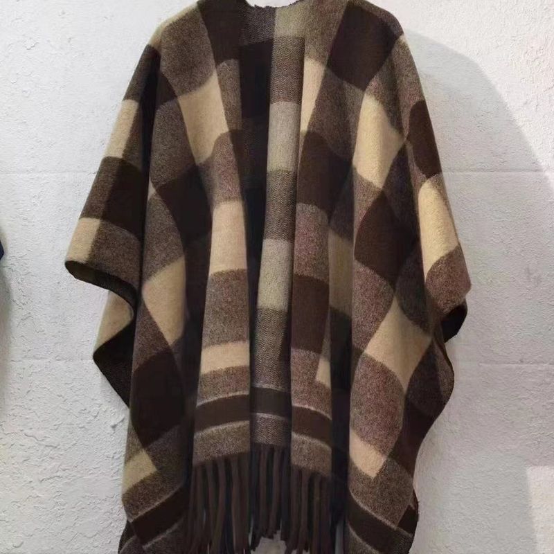 Châle à franges effet délavé, motif pied-de-poule, cape chaude et polyvalente pour femme, automne-hiver, style rétro inspirée des influenceuses et parfaite pour les voyages._voghion.com