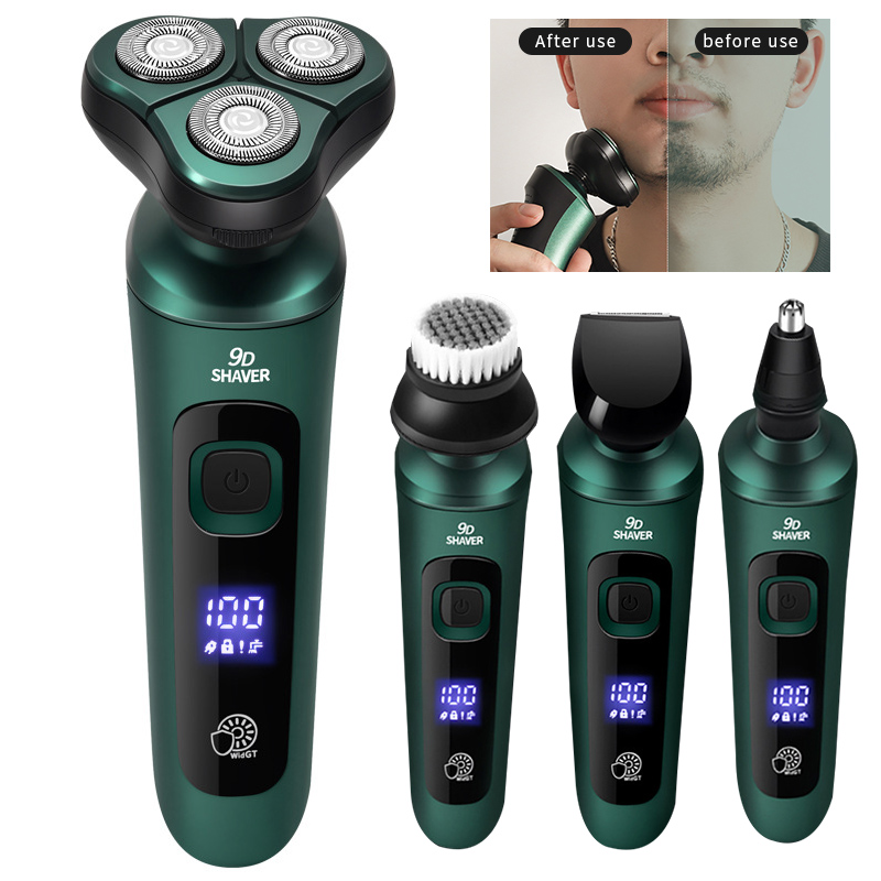 Grønn smart elektrisk barbermaskin LCD digital skjerm Tre-hodet flytende barberhøvel USB oppladbar vask multifunksjon skjeggkniv_voghion.com