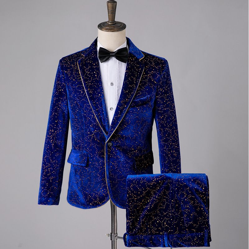 CT Herren Bühnenanzug-Set mit Samt und Goldfolienbesatz, Übergröße, Sängerkostüm, Abendmode, Smoking_voghion.com