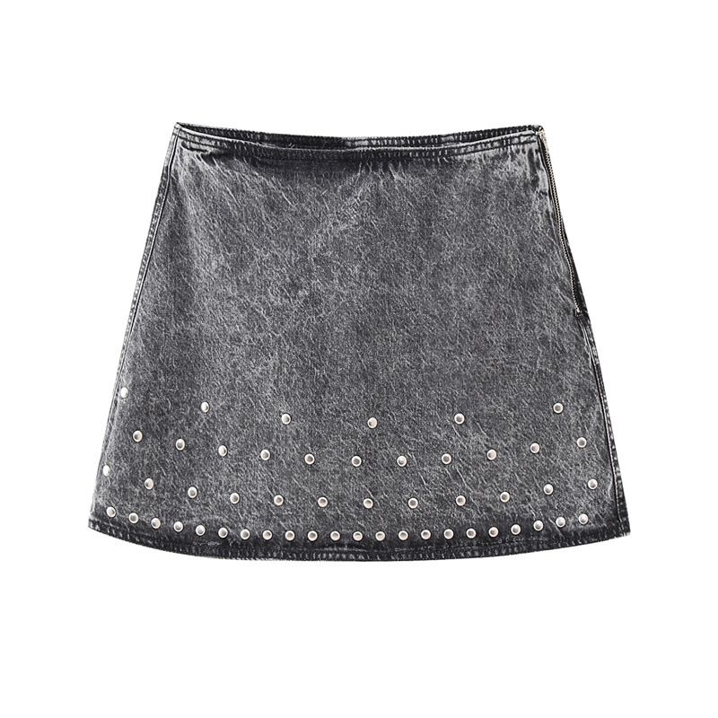 Giacca in denim con rivetti alla moda da donna, gonna in denim a vita alta_voghion.com