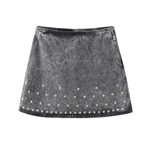 Giacca in denim con rivetti alla moda da donna, gonna in denim a vita alta_voghion.com