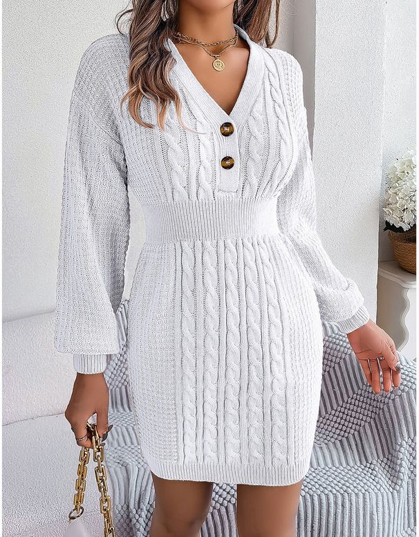 Damenbekleidung Twist Laternenärmel hüftbedeckendes Strickkleid Knopf V-Ausschnitt Damen Pullover Rock_voghion.com