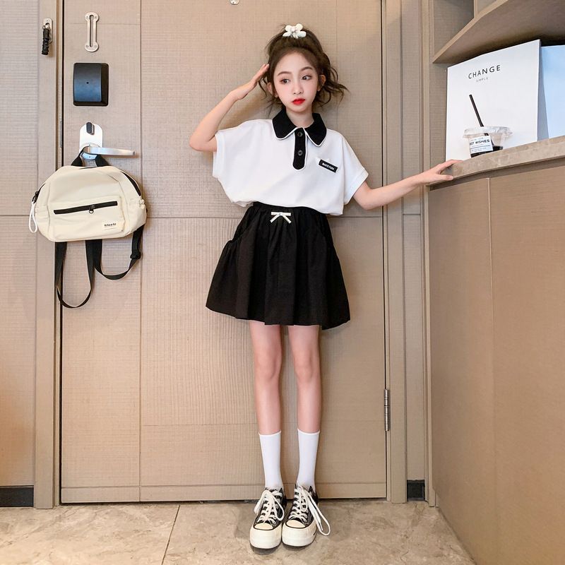 Girls Academy Style Polo Shirt Short sleeved Black Fluffy Skirt Pants Two piece Set for Summer Children's Clothing_voghion.com