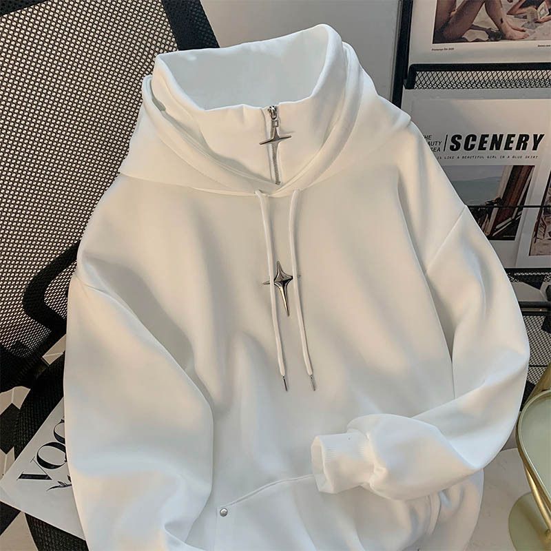 Men's High Neck Pullover Hoodie - Casual Streetwear Vintage Style Oversized Sweatshirt For Teens & Young Adults (Black/White)_voghion.com