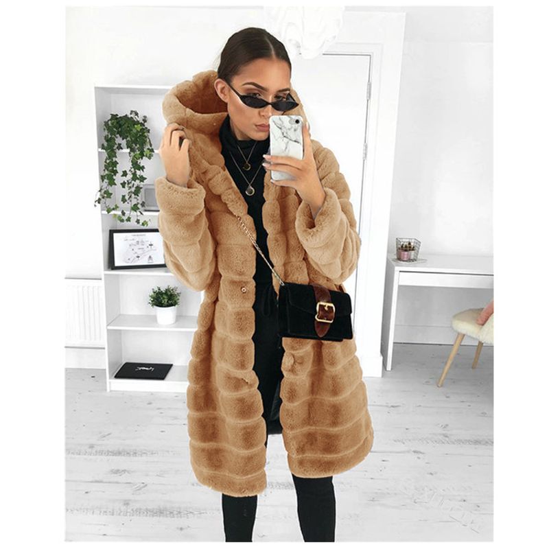 Manteau mi-long à capuche en peluche de couleur unie pour femme, vêtement tendance pour l'automne et l'hiver_voghion.com