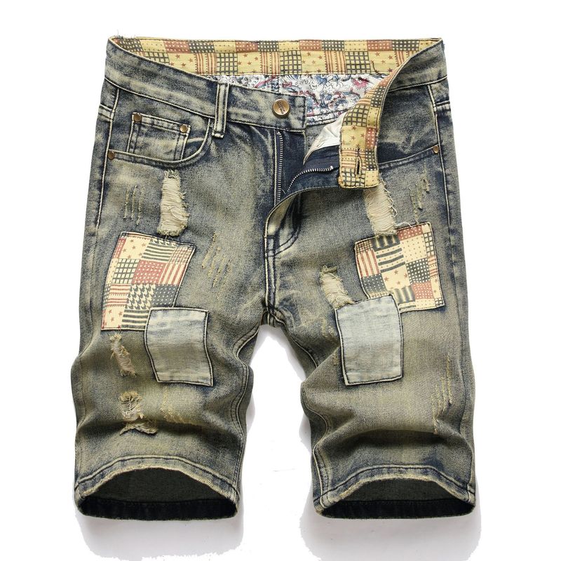 Men's Clothing Ripped Patch Denim Shorts Retro Jeans_voghion.com
