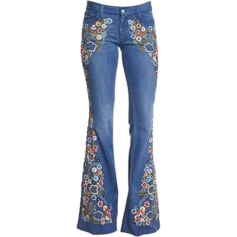 Women's Embroidered Flared Pants Slim Washed Floral Pattern Blue Jeans Casual High-Waisted_voghion.com