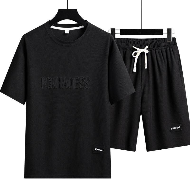 Herrenbekleidung Neuer Rundhalsausschnitt Einfarbig Kurzarmoberteil Kordelzug Shorts Lässiger Zweiteiler Anzug Herren_voghion.com