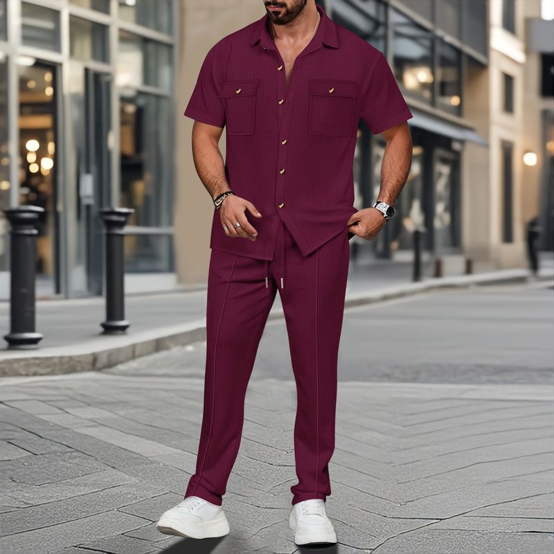 Men's Clothing Men's Summer New Solid Color Button Pocket Shirt Short Sleeve Pants Two Piece Set_voghion.com