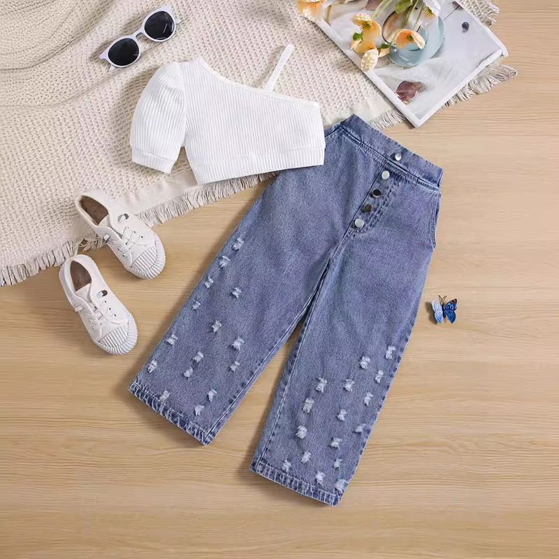 Kids’ Clothing Special Supply Children's Clothing Solid Color Round Neck Off Shoulder Tops Printed Multi Button Ripped Jeans Girls Suit_voghion.com