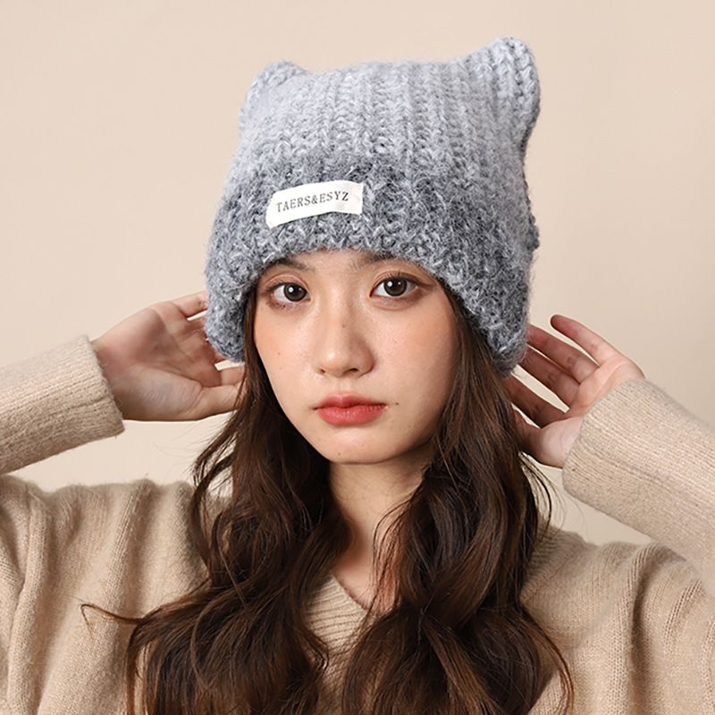 Versione coreana di Abifeng, cappello da donna in maglia di lana con motivo a gatto, in autunno e inverno, calda protezione per le orecchie, cappello freddo per_voghion.com