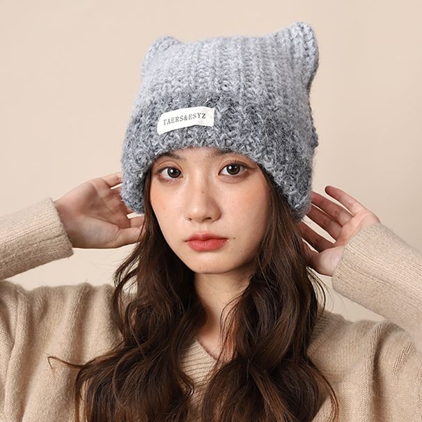 Versione coreana di Abifeng, cappello da donna in maglia di lana con motivo a gatto, in autunno e inverno, calda protezione per le orecchie, cappello freddo per_voghion.com