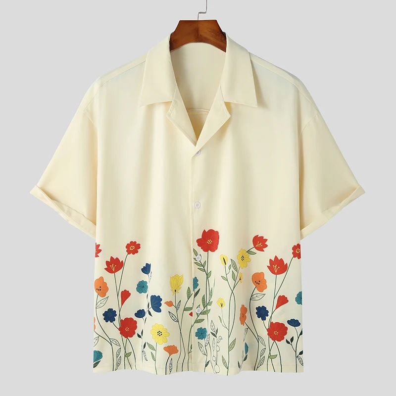 Men's Clothing Men's Casual Short Sleeved Shirt Lapel Fashion Flower Retro Shirt_voghion.com