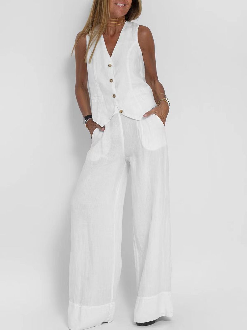 Vêtements pour femmes mode gilet pantalon collage couture coton et lin costume décontracté_voghion.com