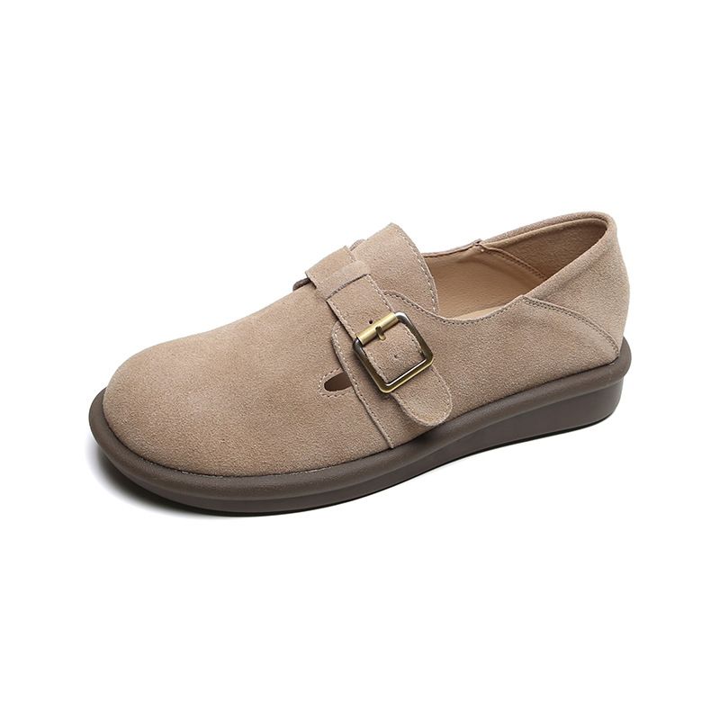 Birkenstocks da donna con suola morbida in pelle di vacchetta smerigliata, scarpe singole con testa rotonda e un pedale, Birkenstocks da donna con suola piatta_voghion.com