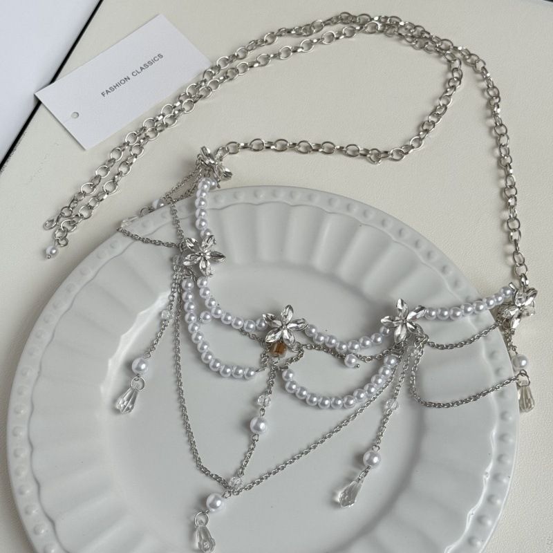 Sweet Cool Design Multi-layer Pearl Flower Water Drop Tassel Chain For Women Fashionable Elegant Sexy Waist Necklace_voghion.com