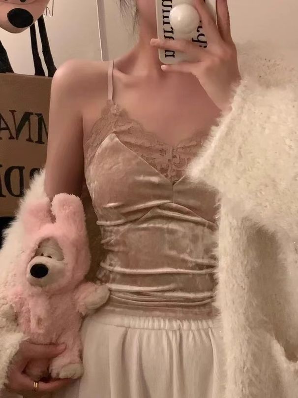 Canotta con spalline sottili in pizzo bianco patchwork Veet da donna, biancheria intima imbottita modellante per la schiena, autunno e inverno_voghion.com