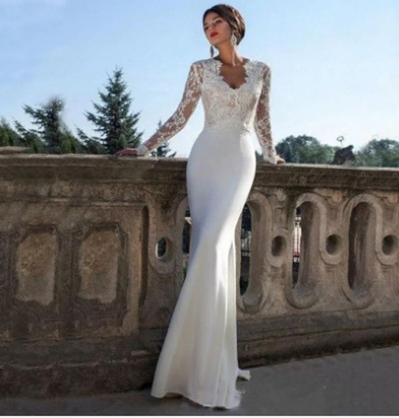 Satin Simple Long Sleeve Wedding Dress Prom Dresses_voghion.com