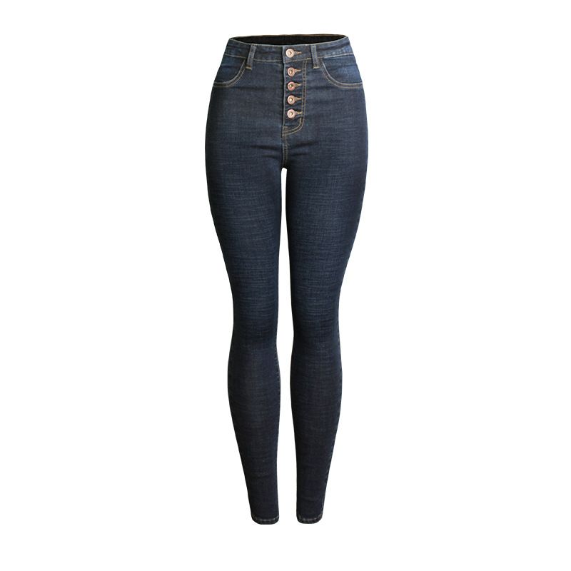 Women's clothing simple small feet jeans women's high-waisted slimming pencil pants slim-fit multi-button pants_voghion.com