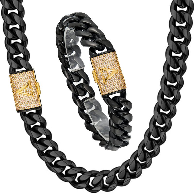 26 English Letters Flip Cover Diamond Buckle New Black Cuban Encrypted Stainless Steel Chain Men's Necklace JMZM_voghion.com