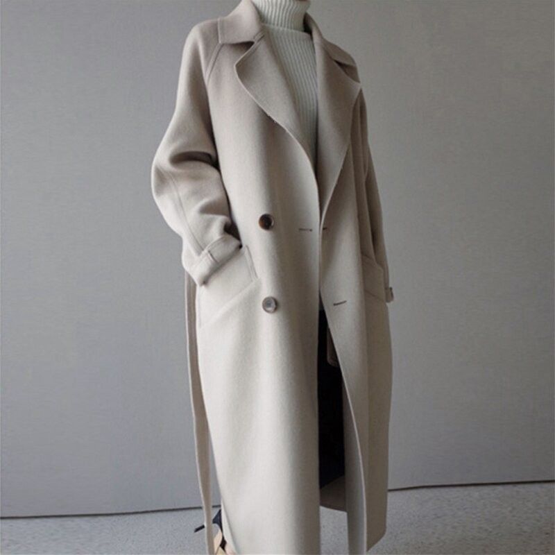 Abrigo de lana con solapa y encaje para mujer, ropa de invierno, cintura media, adelgazante_voghion.com