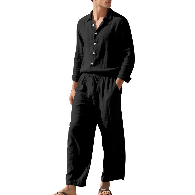 Herren-Strandanzug aus Leinen, lässig, lockere Passform, Langarmhemd und Hose, mit Sonnenschutz_voghion.com