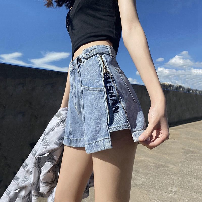 Nei Jeansshorts mat Säitenreissverschluss fir Dammen, locker Passform, héich tailleiert koreanesch Versioun, Buschtawenofschlankung, breet Been A-Linn waarm_voghion.com