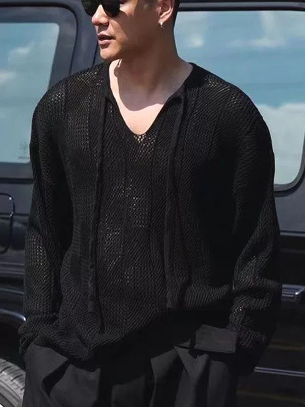 Abbigliamento da uomo Felpa in maglia a rete da uomo - T-shirt a maniche lunghe con scollo a V dalla vestibilità comoda e strato trasparente sovrapposto per uno streetwear alla moda_voghion.com