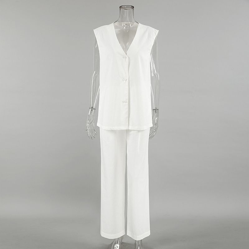 Abbigliamento da donna, gilet senza maniche in cotone e lino con scollo a V bianco, completo da due pezzi per primavera ed estate._voghion.com
