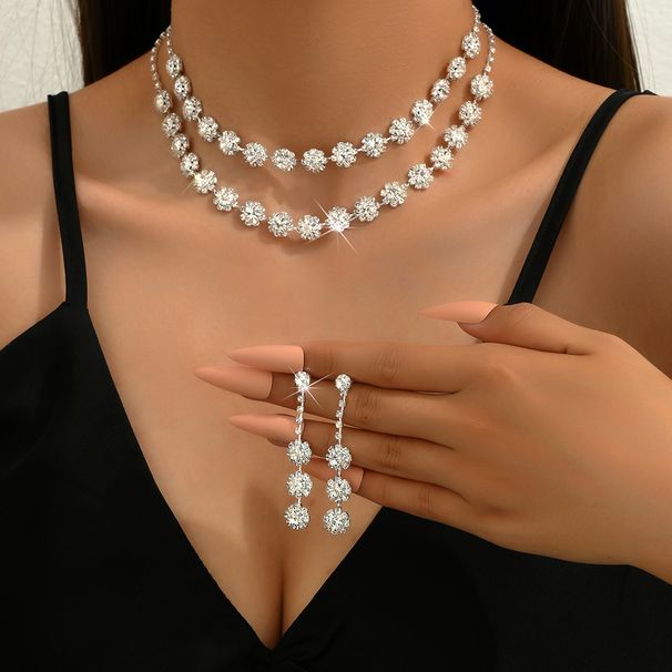 Accessori per gioielli da sposa di moda Set di orecchini con collana di diamanti e girasole a doppio strato, set di gioielli di moda da donna_voghion.com