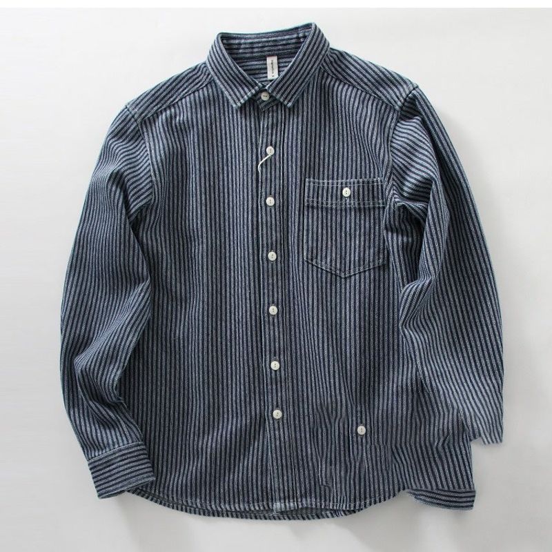 Chemise rayée de style américain pour homme, style rétro japonais, ample, décontractée, à manches longues, pour le travail, veste kaki_voghion.com
