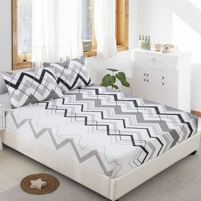 Grey & White Wave Line 3D Printed Bed Skirt - Polyester Fitted Sheet Cover Modern Coastal Home Decor (Wrinkle-Resistant Machine Washable)​_voghion.com