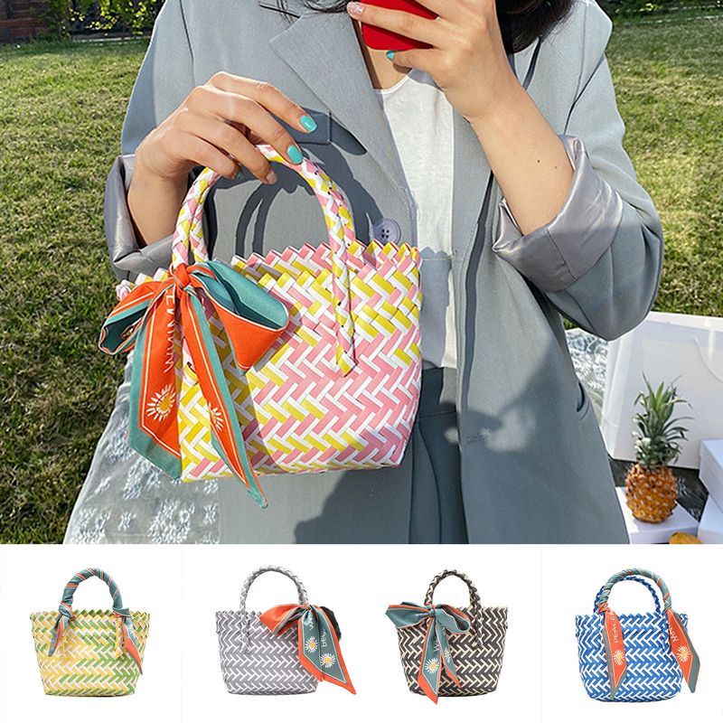 Lihao Women Bohemian Scarves Rattan Handbags Wicker Woven Beach Baskets Striped Bag-Black_voghion.com