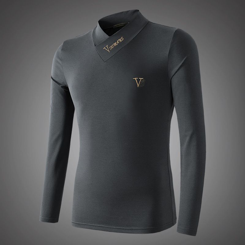 Maglietta termica a maniche lunghe da uomo slim fit con fodera in pile di volpe argentata, scollo a V e colletto medio per il calore invernale_voghion.com