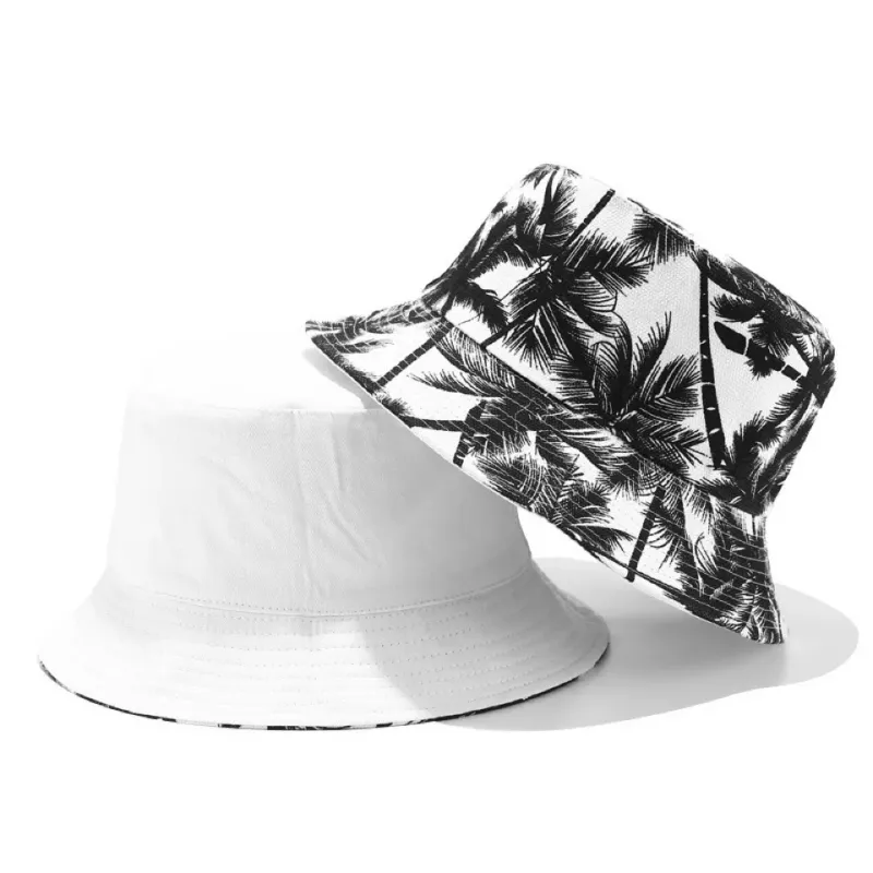 New Arrivals Unisex Reversible Double Sided Black Coconut Tree Printed Fisherman Caps Bucket Hats Men Women Outdoor Travel Visor_voghion.com