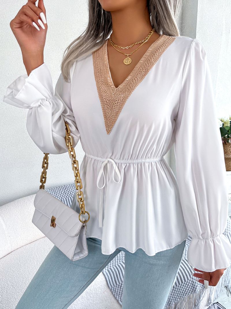Damen Casual V-Ausschnitt Spitze Spitzentaille Rüschen Chiffon Kleid_voghion.com