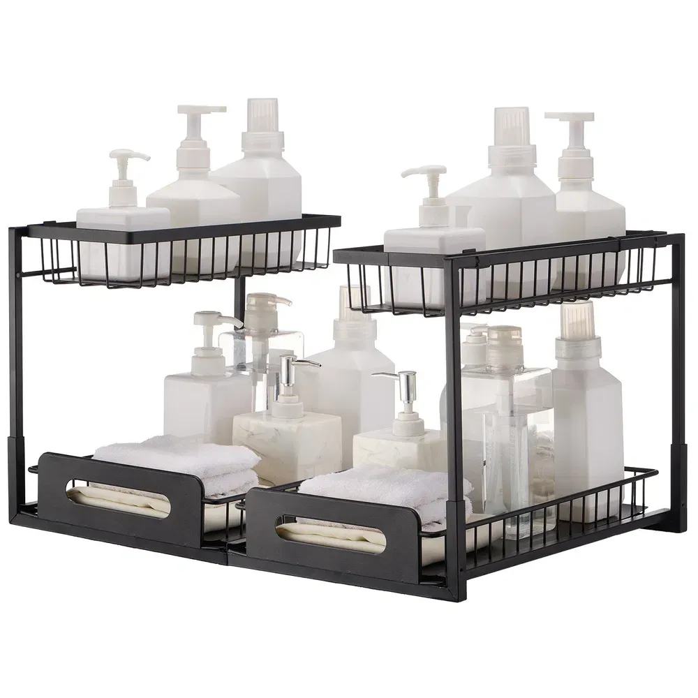 2-Tier Wire Pull Out Cabinet Under Sink Organizer 10.7'x14.2' Drawer Basket 2PCS_voghion.com